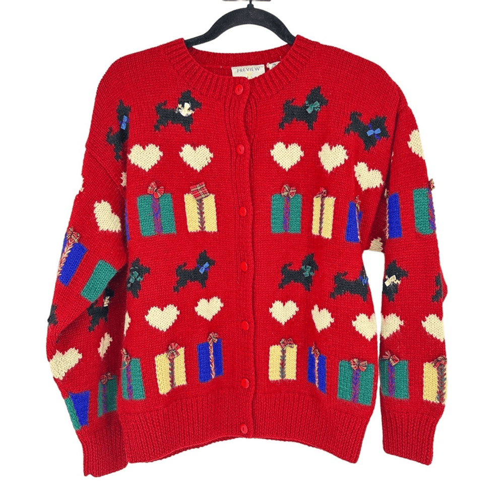 Vintage Preview Basics Red Wool Christmas Cardigan Scottie Dog Hearts Gifts S - Picture 2 of 9